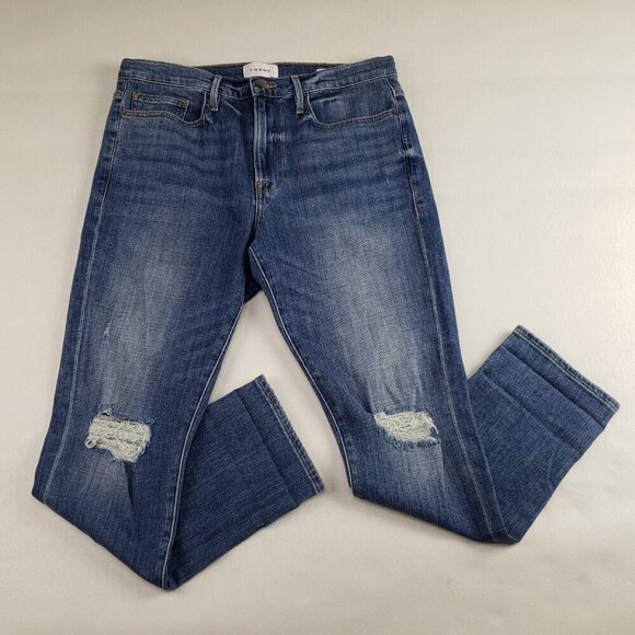 FRAME Pants - Frame Le Beau Straight Jean Womens 28 Blue Medium Wash Distress Ankle High Rise